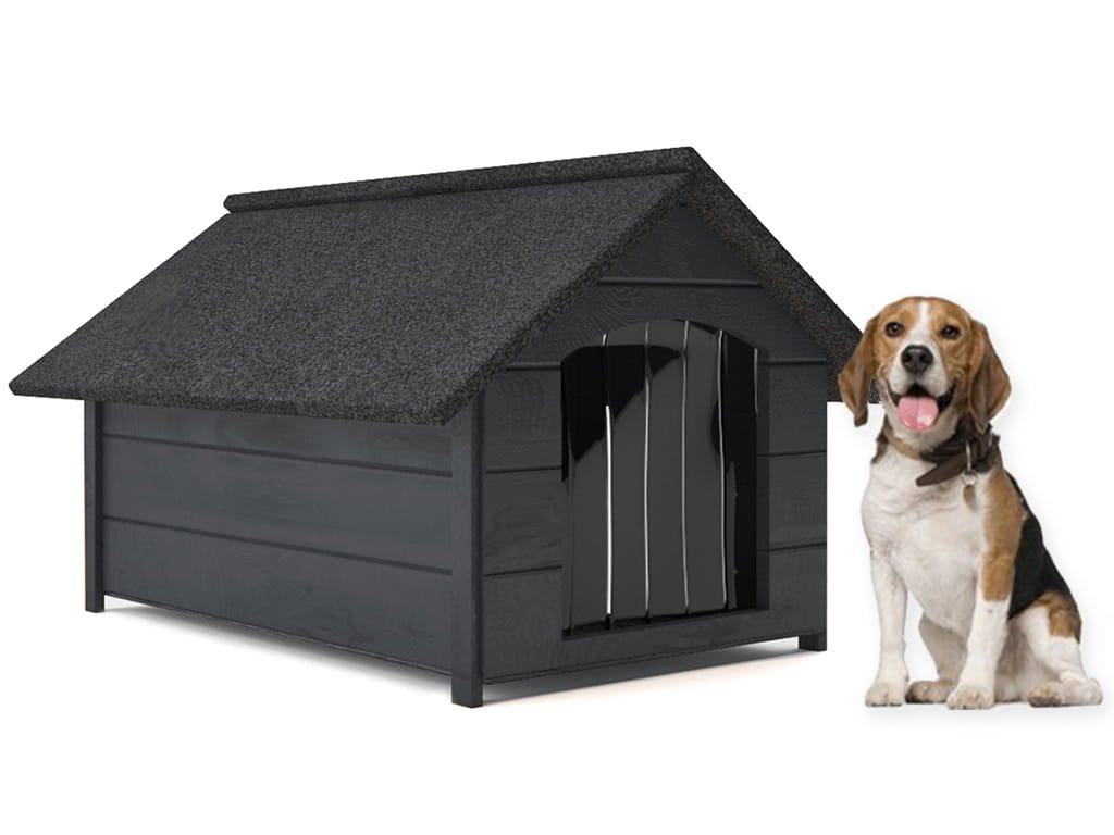 Kućica za pse L - izolirana, drvena, sa zavjesom - siva