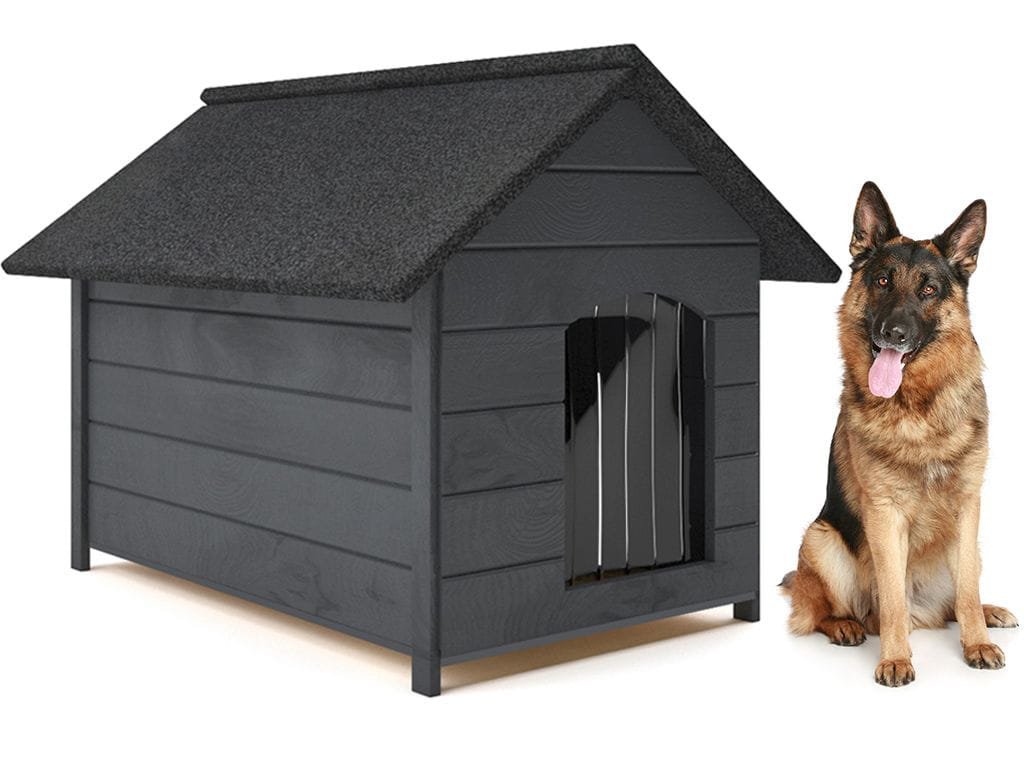 XL kućica za pse - izolirana, drvena, sa zavjesom - siva